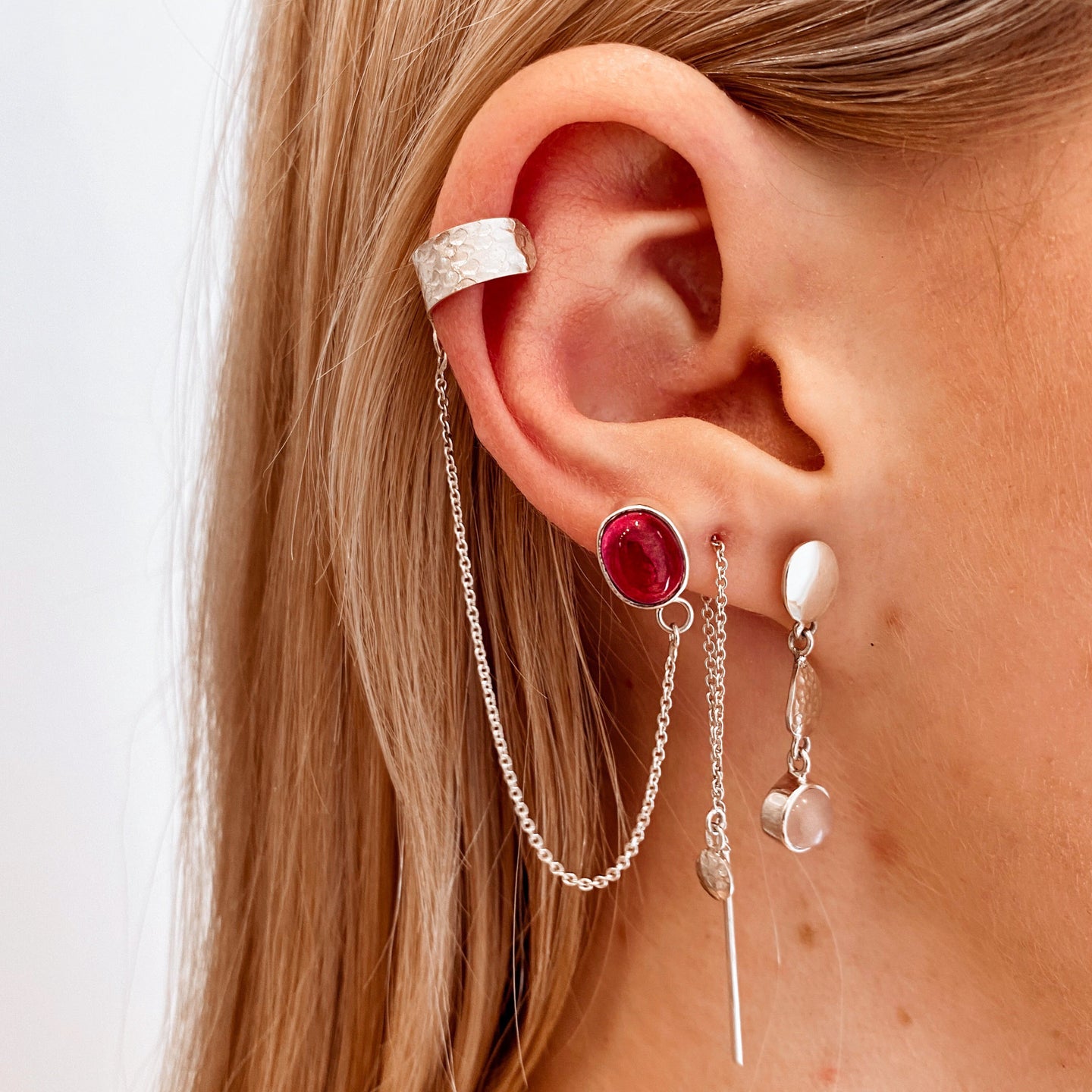 Ruby Stud Earrings with Silver Cuff & Chain | Sterling silver 925