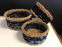 Load image into Gallery viewer, handwoven eco-friendly baskets. storage basket. wicker basket. braided basket. natural round basket. seagrass basket. Recycled denim basket

