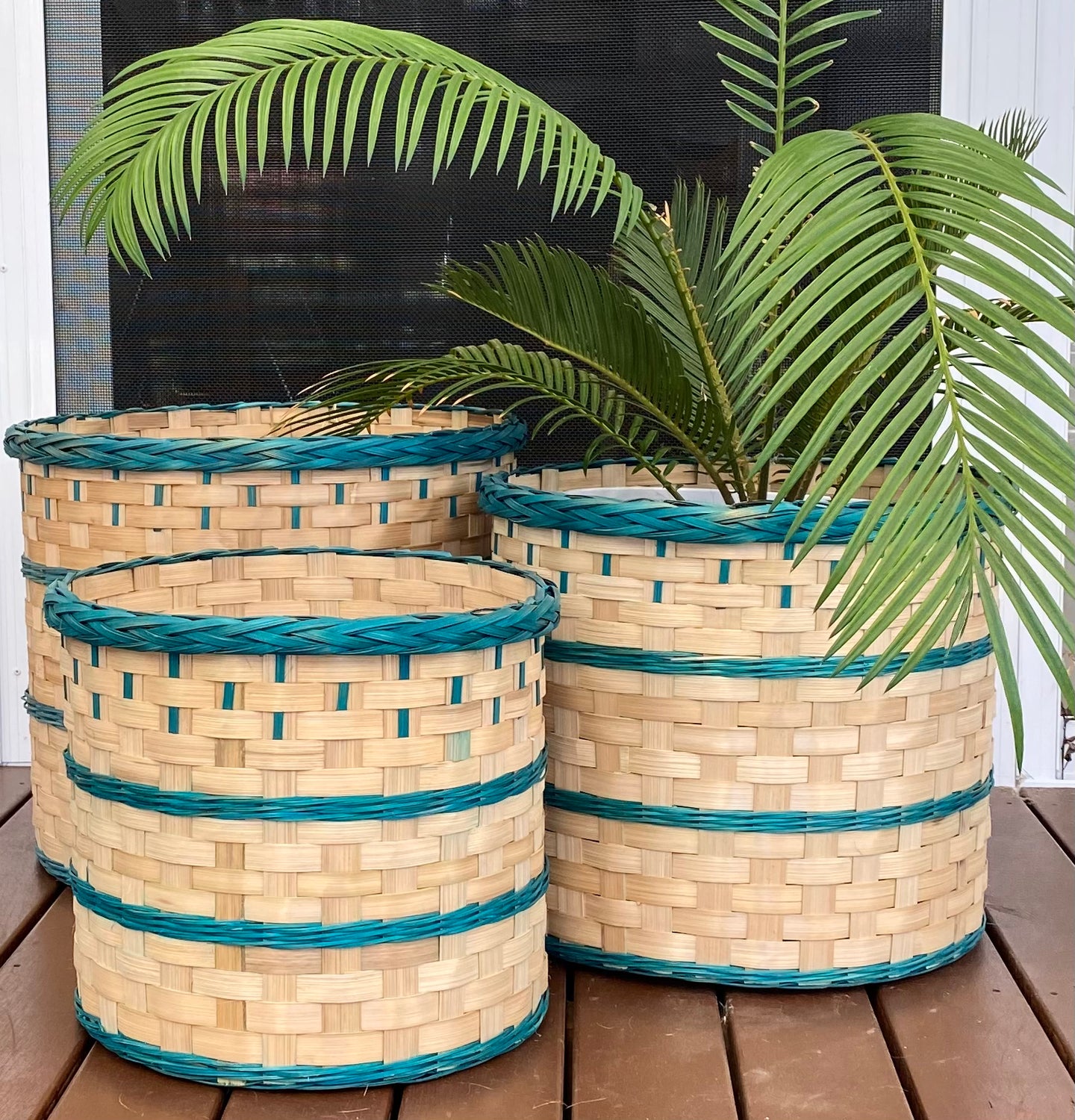 Green Rimmed Bamboo Baskets - Set of 3